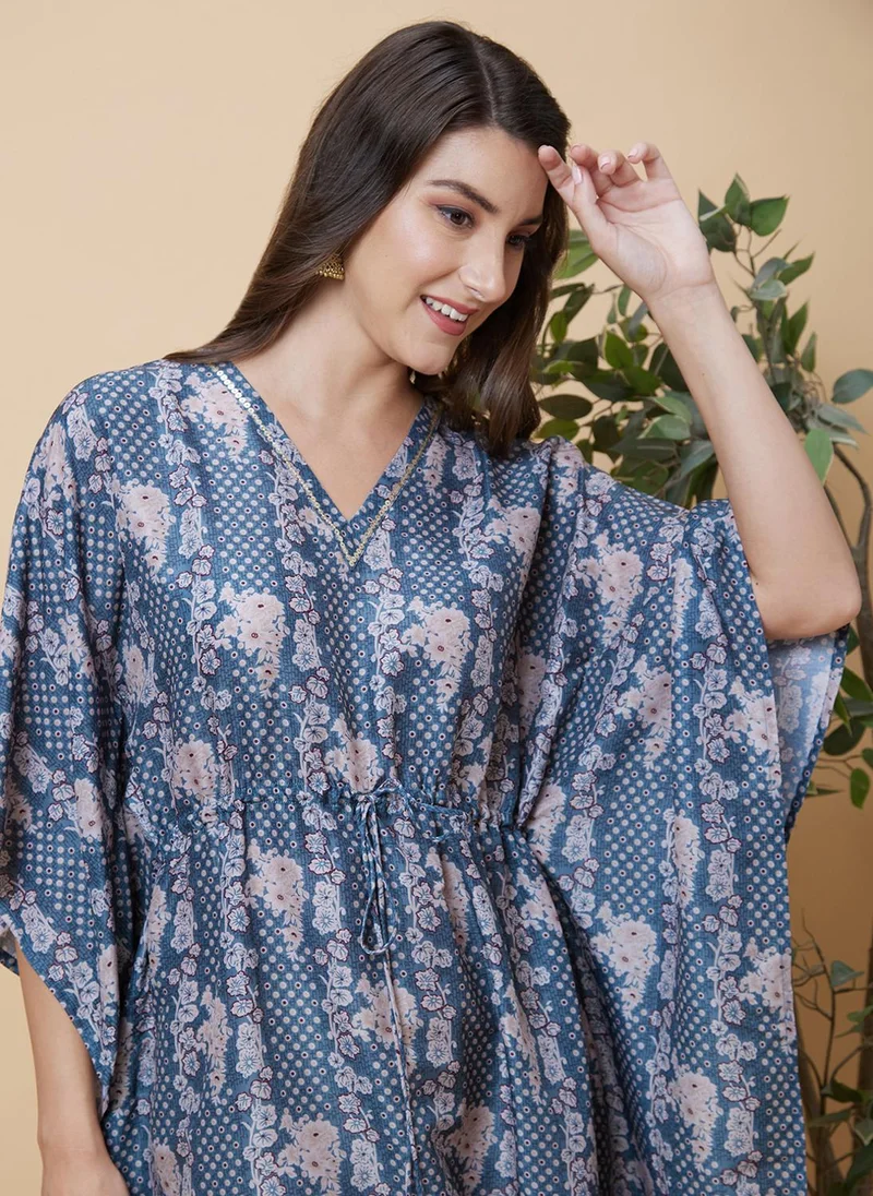 جلو باص قفطان نسائي مطبوع بالزهور مزين بالترتر